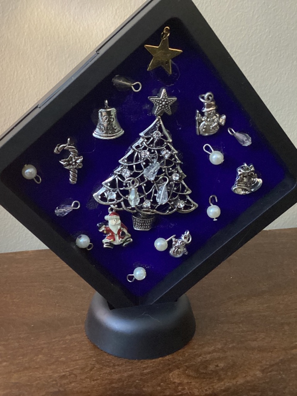 Upcycled jewelry made in art jingle bells Christmas tree charms beads framed